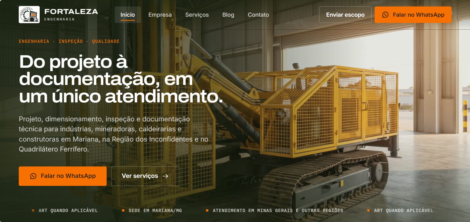 Página inicial do site da Fortaleza Engenharia