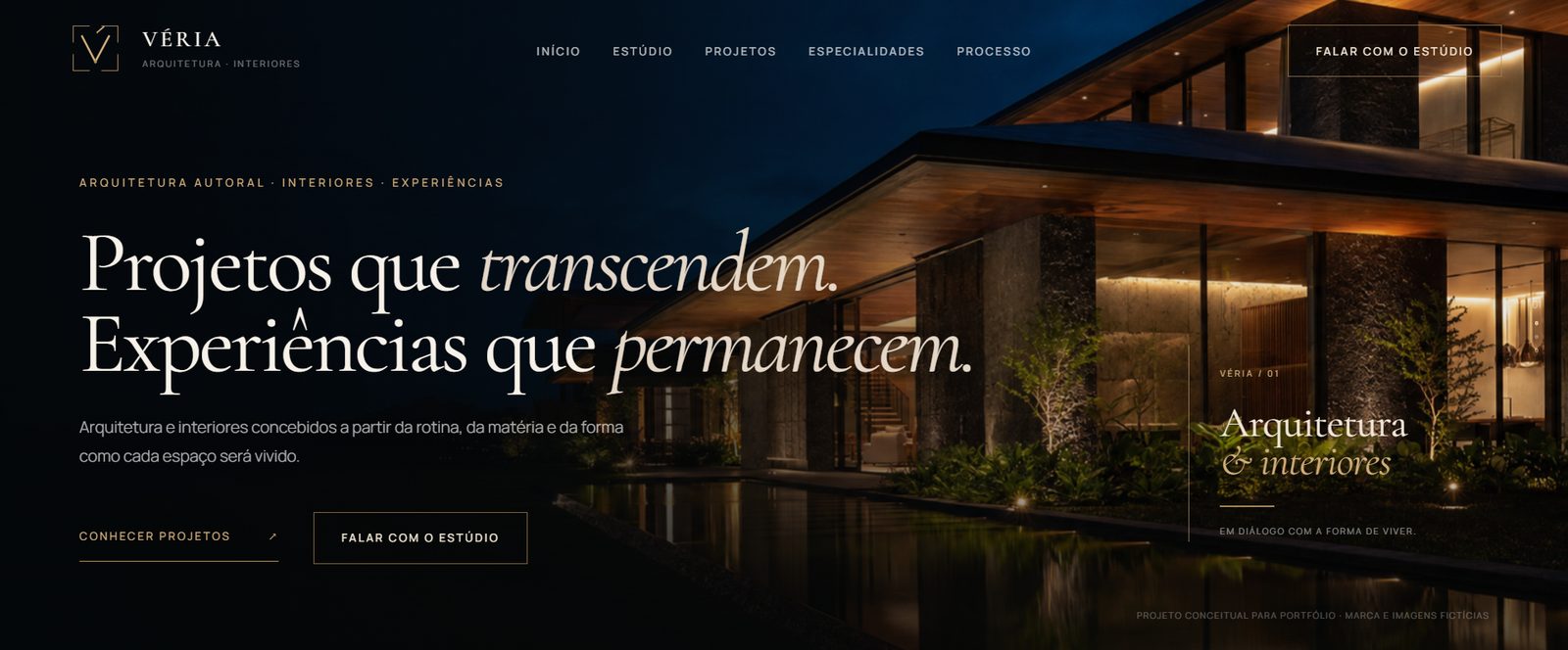 Página inicial do estudo de site da Véria Arquitetura